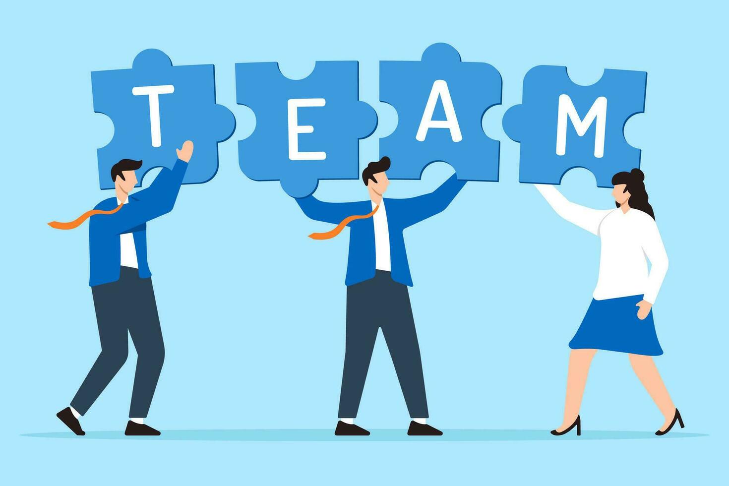 Business team connecting jigsaw puzzle together in flat design vector