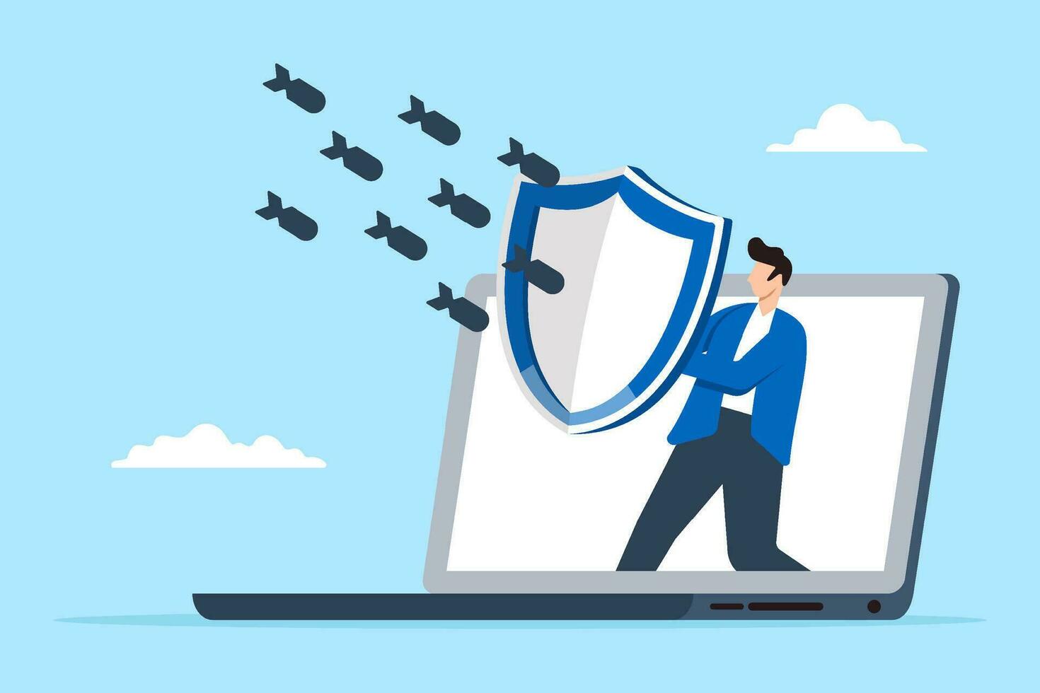 Man hold shield on laptop guarding against cyber attack in flat design vector