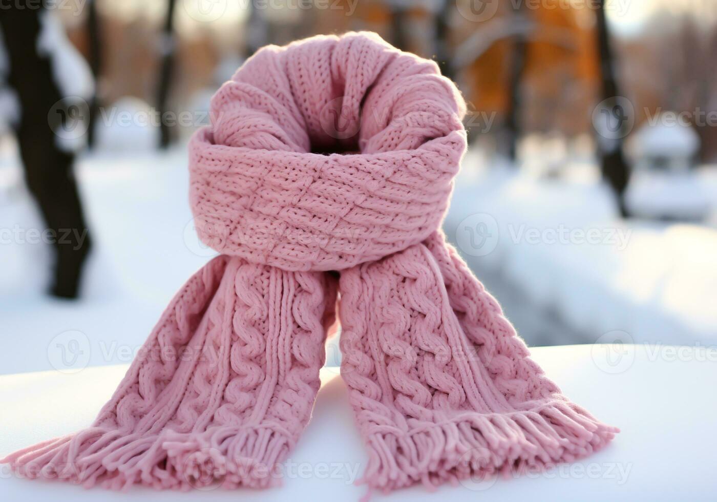 AI generated Warm pink wool scarf in the snow. Winter time. photo