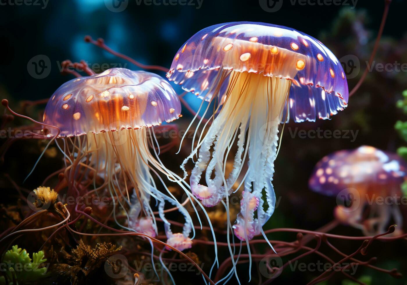 AI generated Colorful jellyfish in the ocean. Underwater life. photo