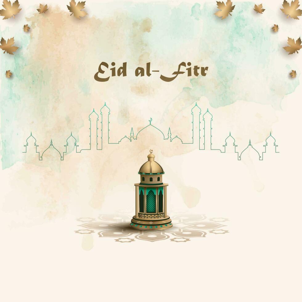 Islamic greetings eid mubarak card design with lantern vector