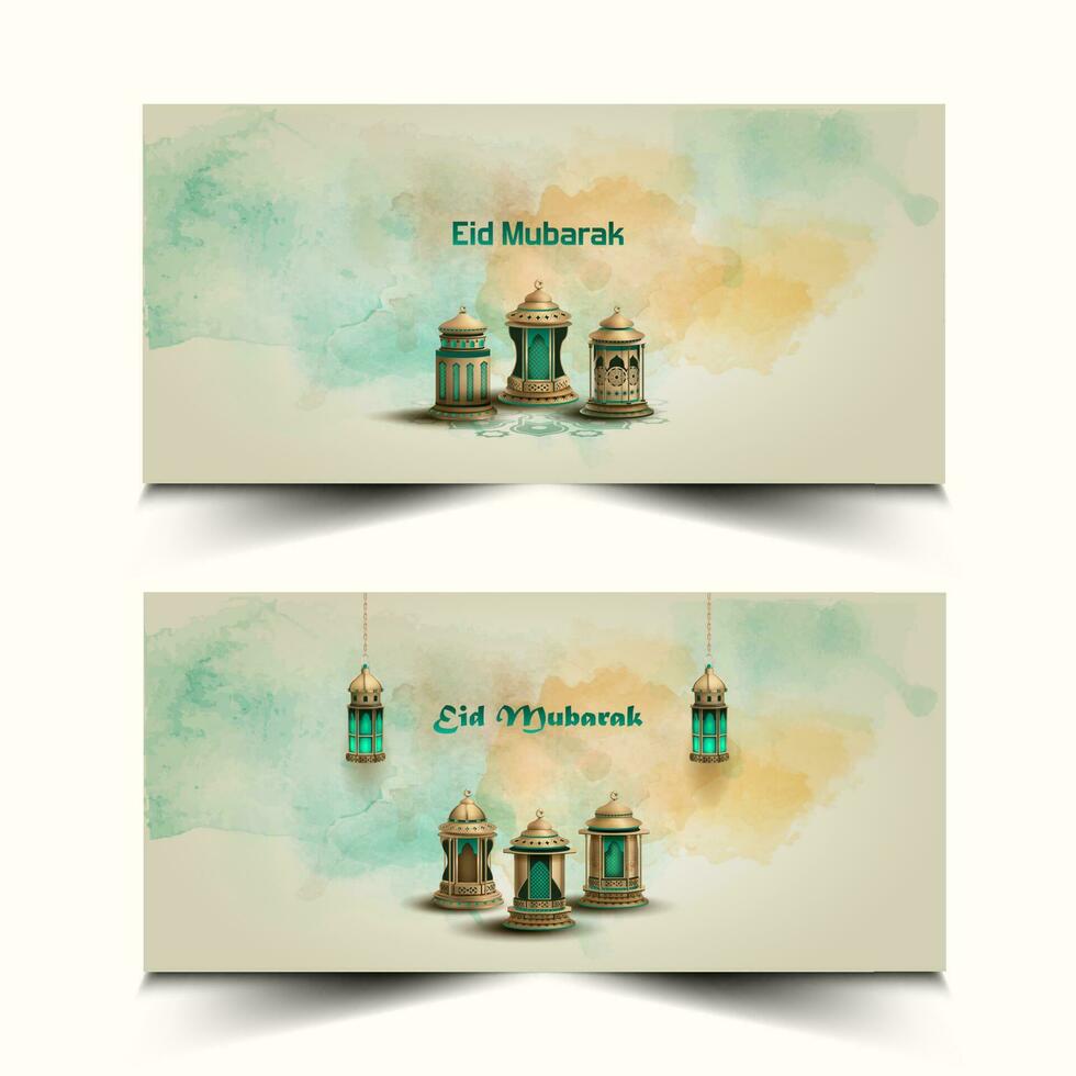 Set of islamic greetings eid mubarak card design with beautiful and unique lanterns vector