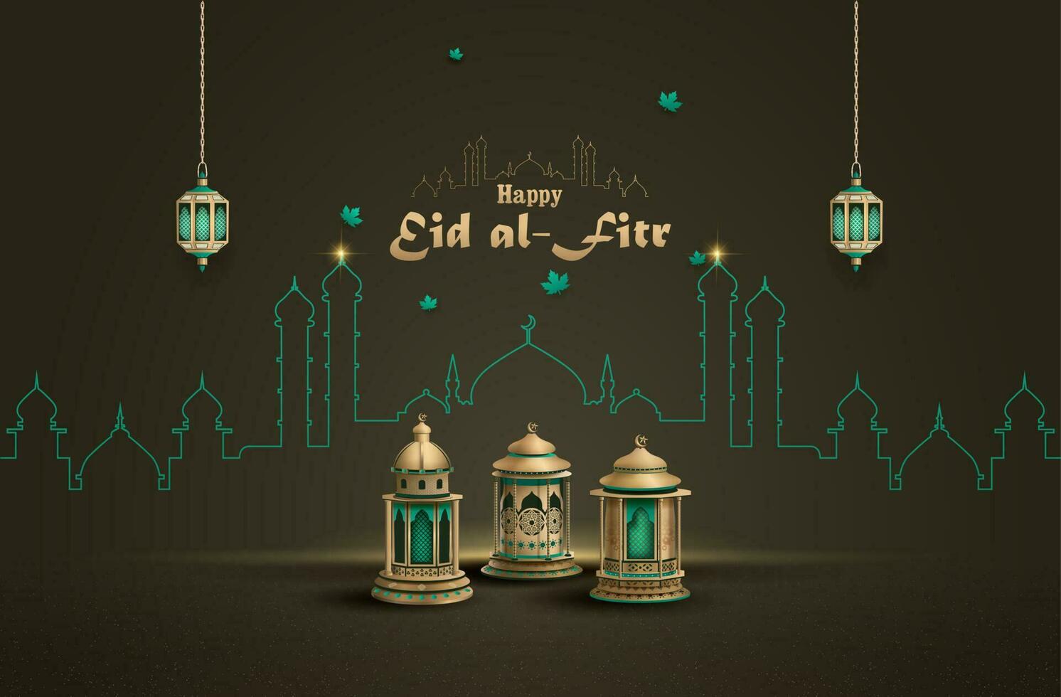 Islamic greetings eid al fitr card design with three lanterns vector