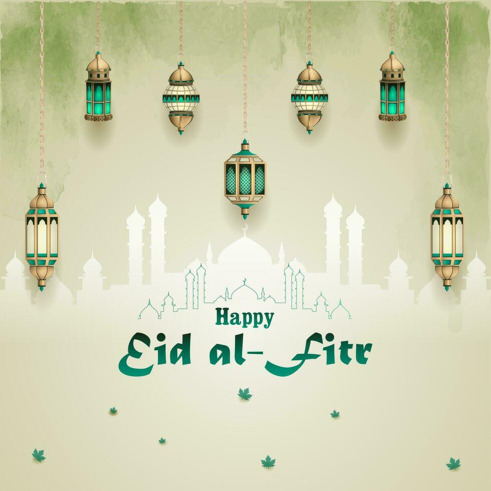 Islamic greetings eid al-fitr card design with beautiful lanterns decoration vector