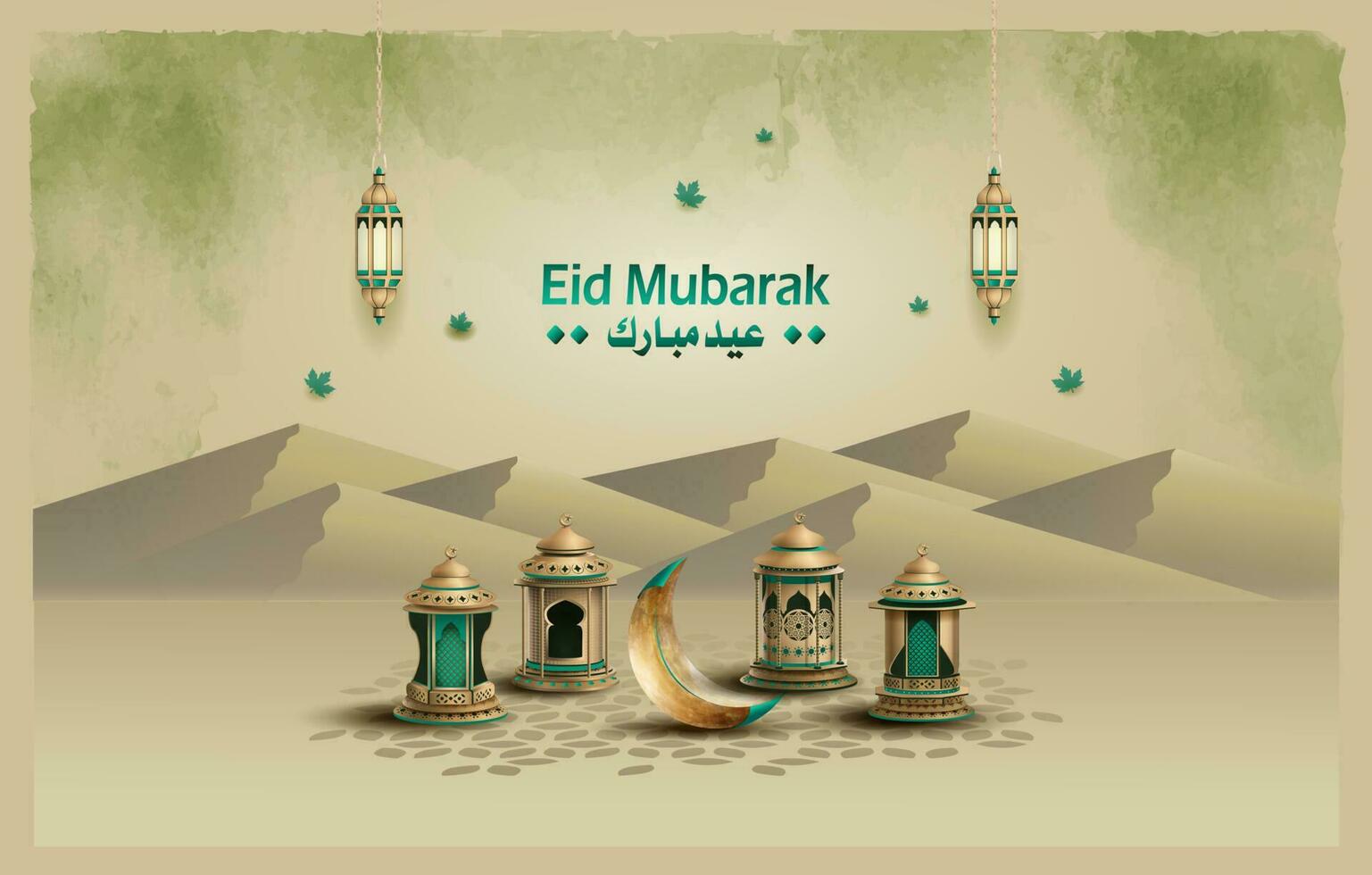 islamic greeting ramadan mubarak card design with beautiful lanterns and crescent vector