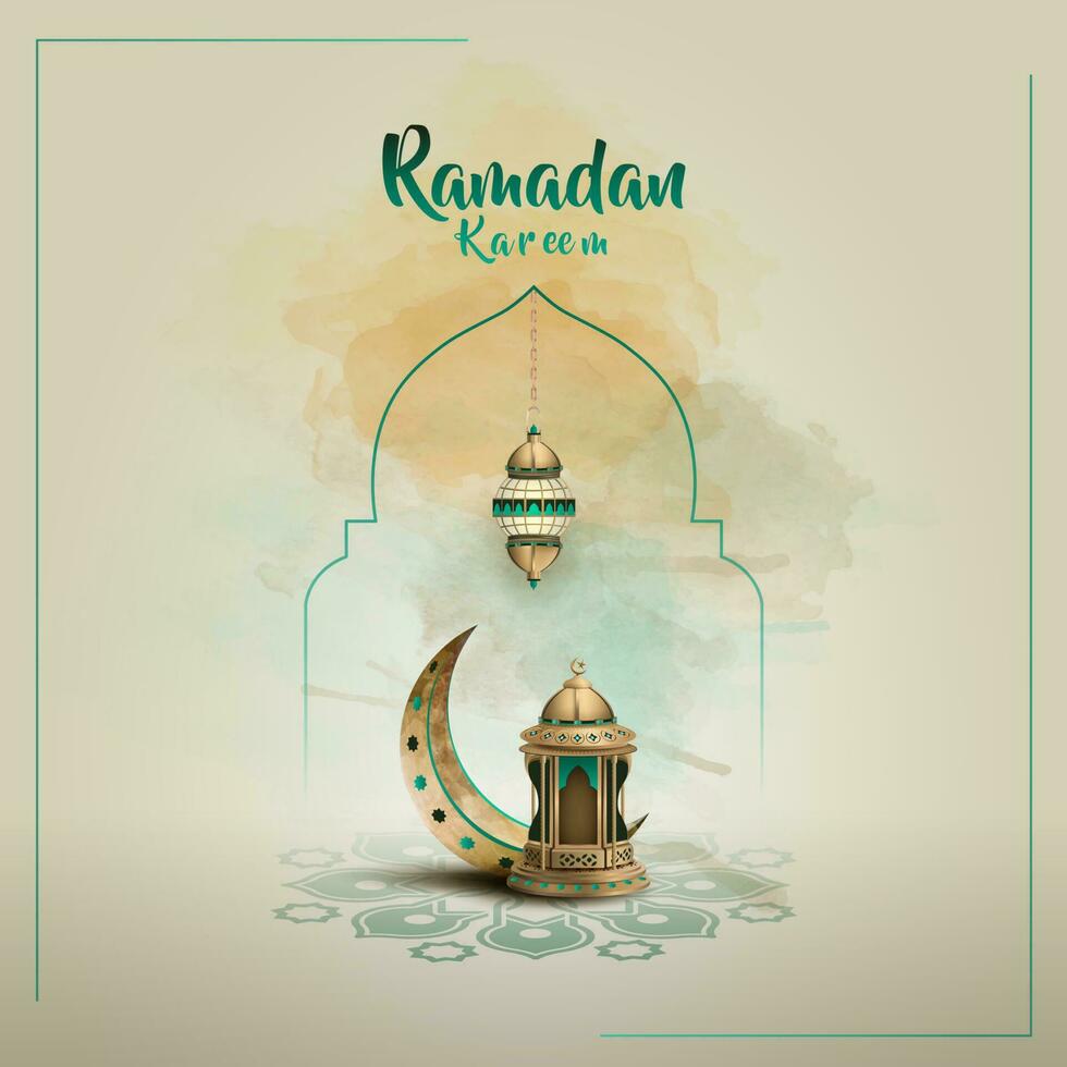 islamic greetings ramadan kareem card design with beautiful lantern and crescent vector