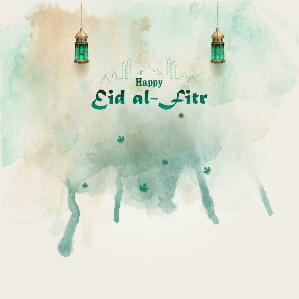 Islamic greetings eid al fitr card design with watercolor background and lanterns vector