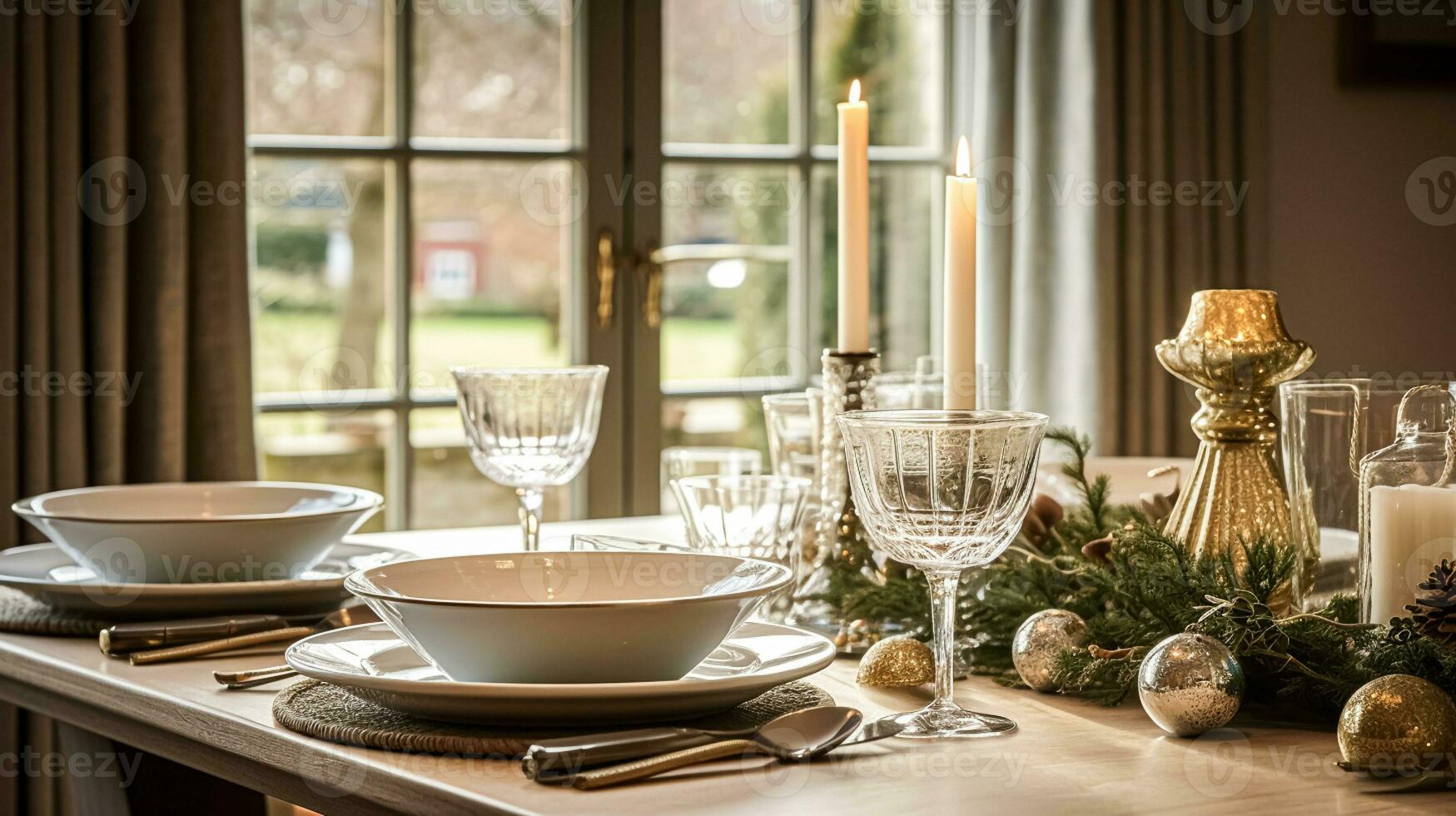 AI generated Christmas holiday family breakfast, table setting decor and festive tablescape, English country and home styling photo