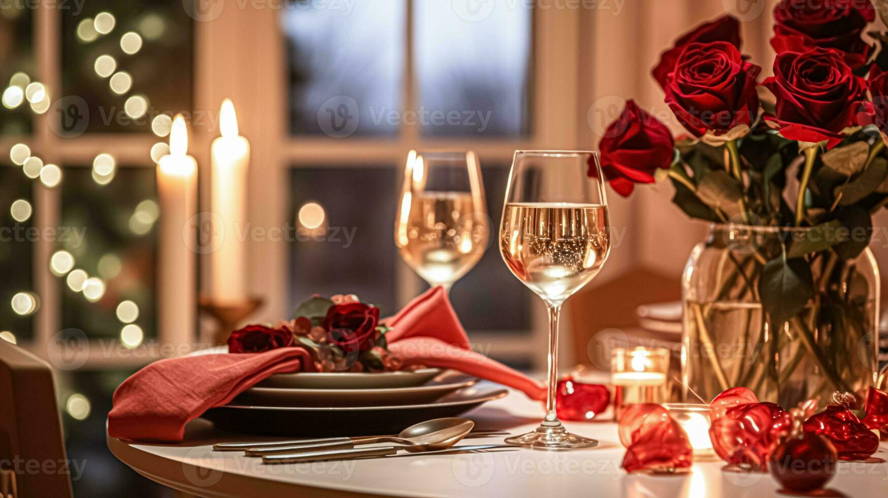 AI generated Festive date night tablescape idea, dinner table setting for two and Christmas, New Year, Valentines day decor, English country home styling photo