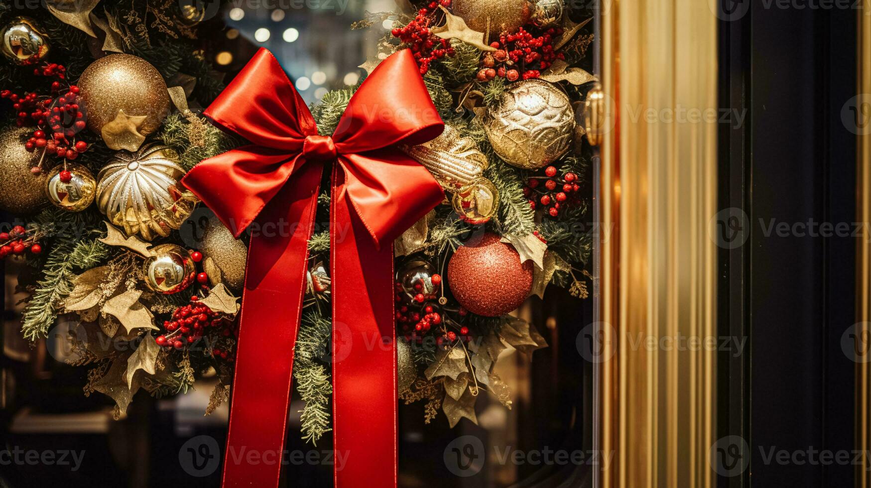 AI generated Christmas decoration details on English styled luxury high street city store door or shopping window display, holiday sale and shop decor photo