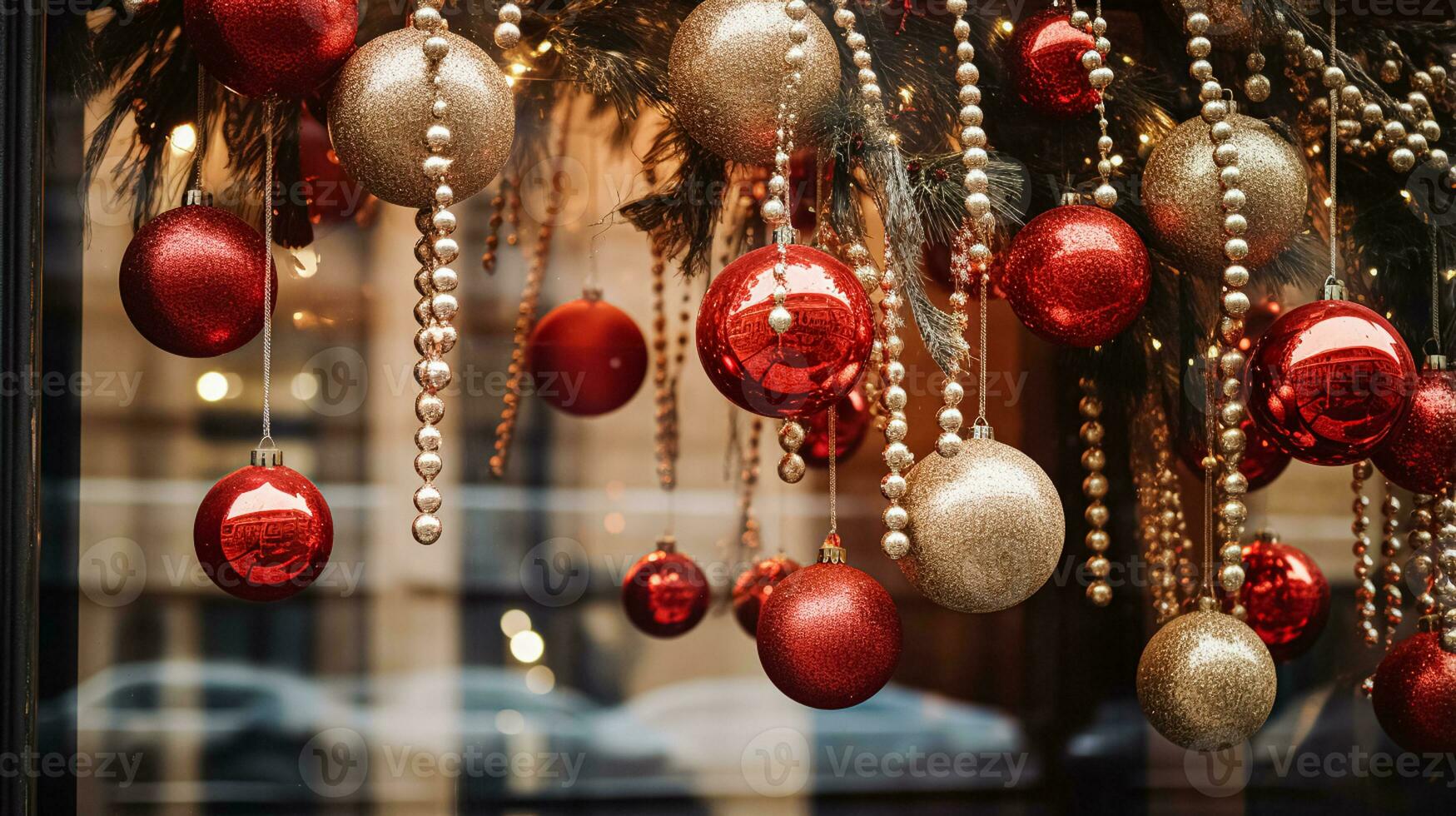 AI generated Christmas decoration details on English styled luxury high street city store door or shopping window display, holiday sale and shop decor photo