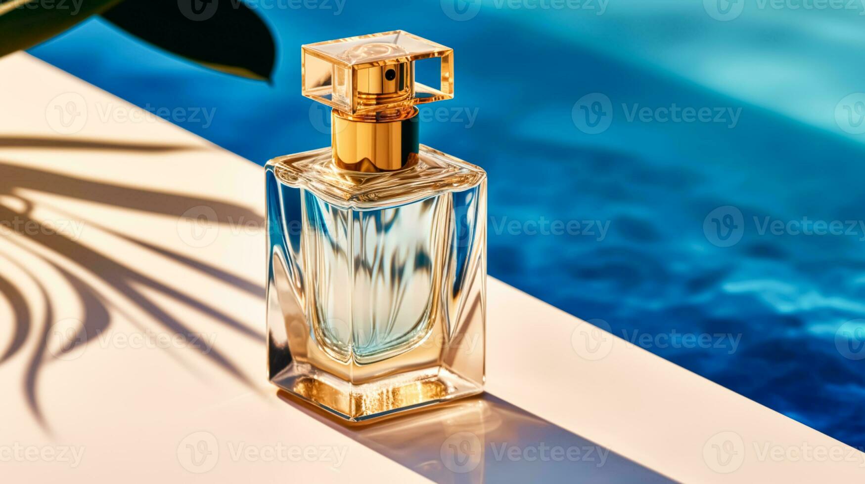 AI generated Luxury womens fragrance, bottle of perfume scent by the swimming pool in summer, bespoke perfumery and beauty product sale commercial, generative ai photo