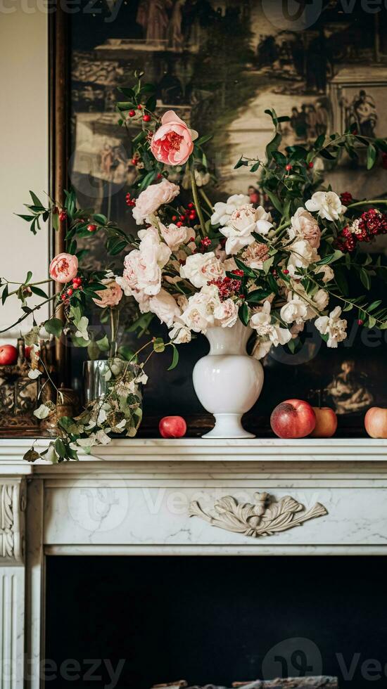 AI generated Floral arrangement with winter, autumn or early spring botanical plants and flowers photo