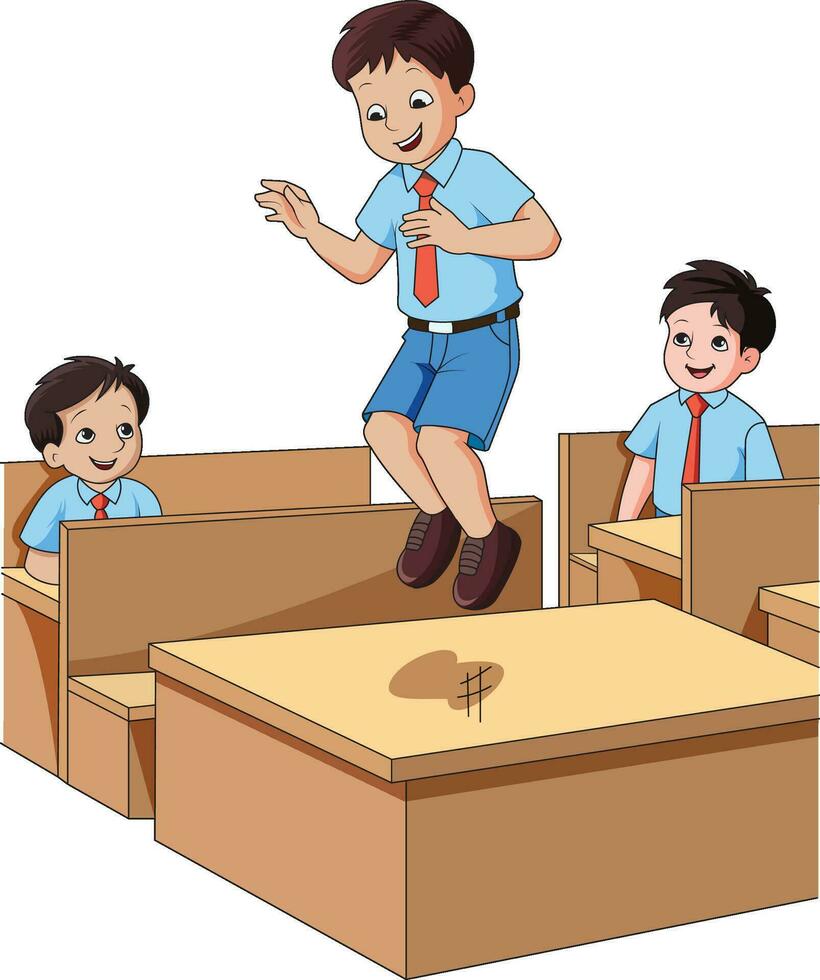 Boy jumping on the desk in the classroom vector illustration