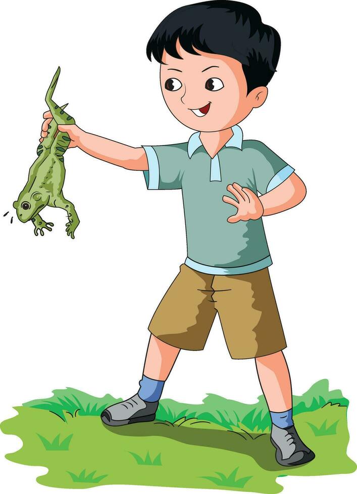 Naughty boy holding frog in hand vector