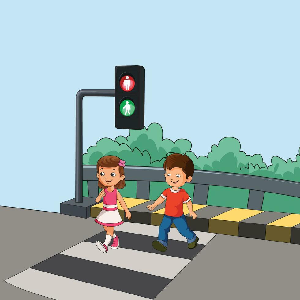 Children on pedestrian crossing vector illustration