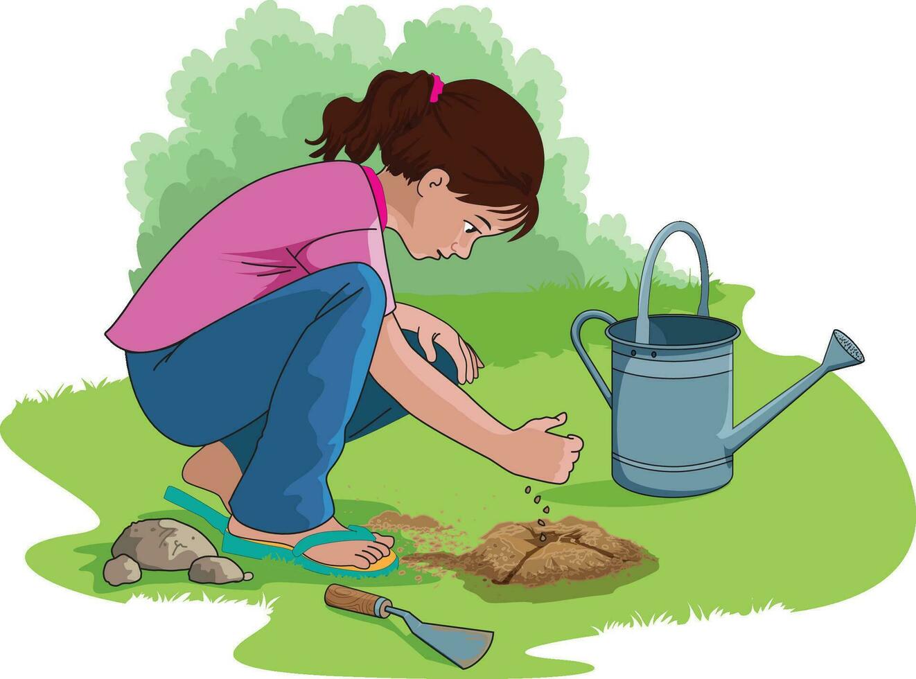 Cute girl putting seeds in soil with water sprinkler and spade kept on the side vector