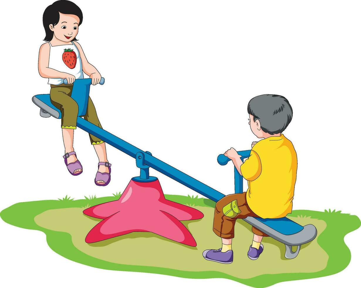 Boy and girl enjoying on the see saw vector