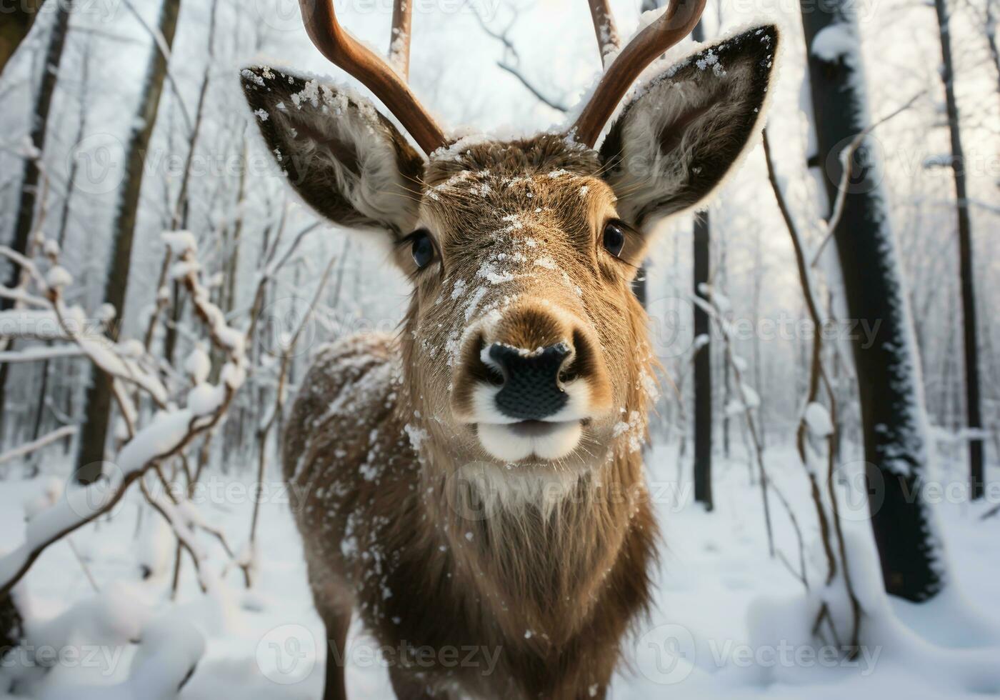 ai generado ciervo en el Nevado bosque mirando a a nosotros. foto