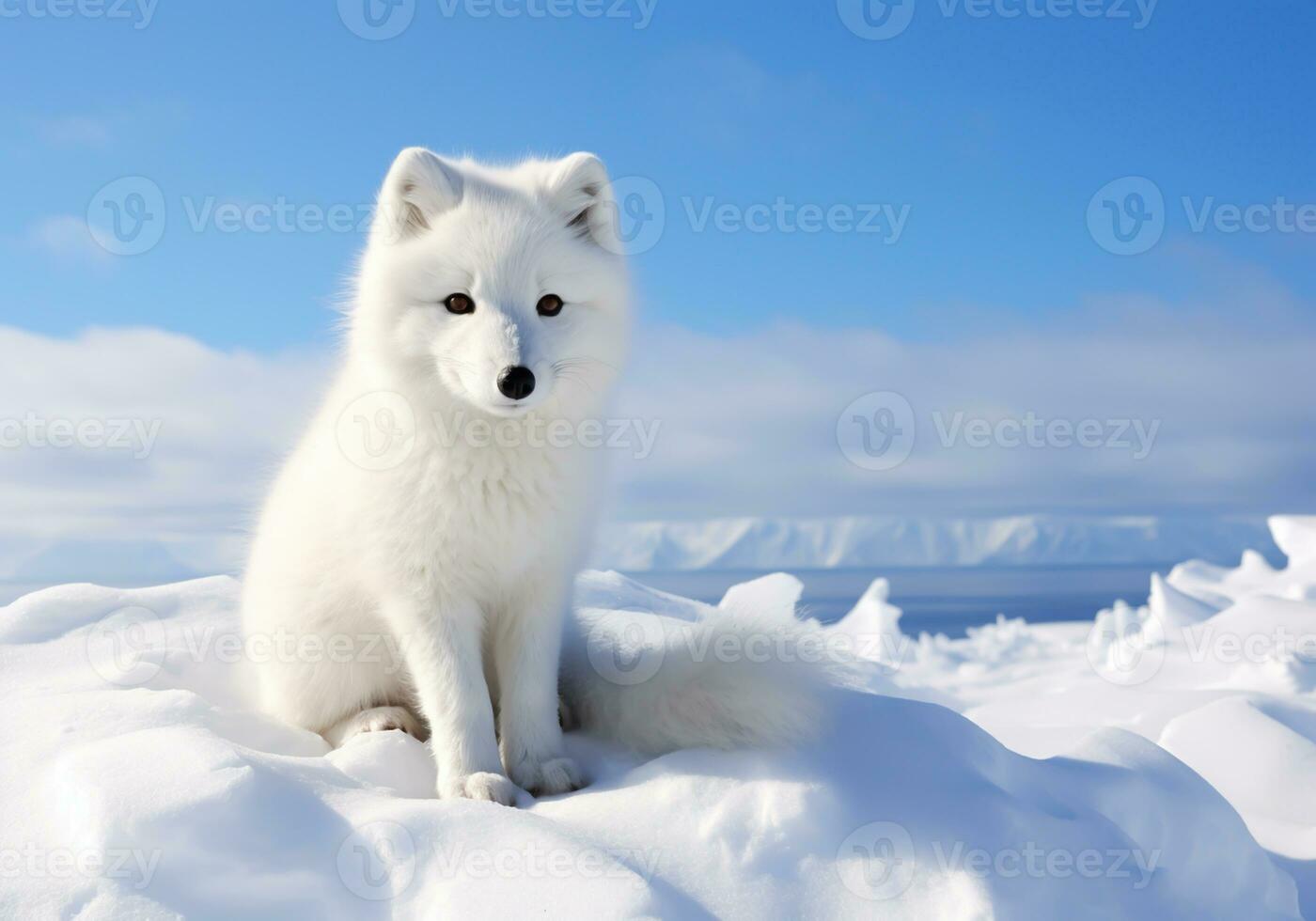 AI generated Polar fox on the snowy ground looking at us photo