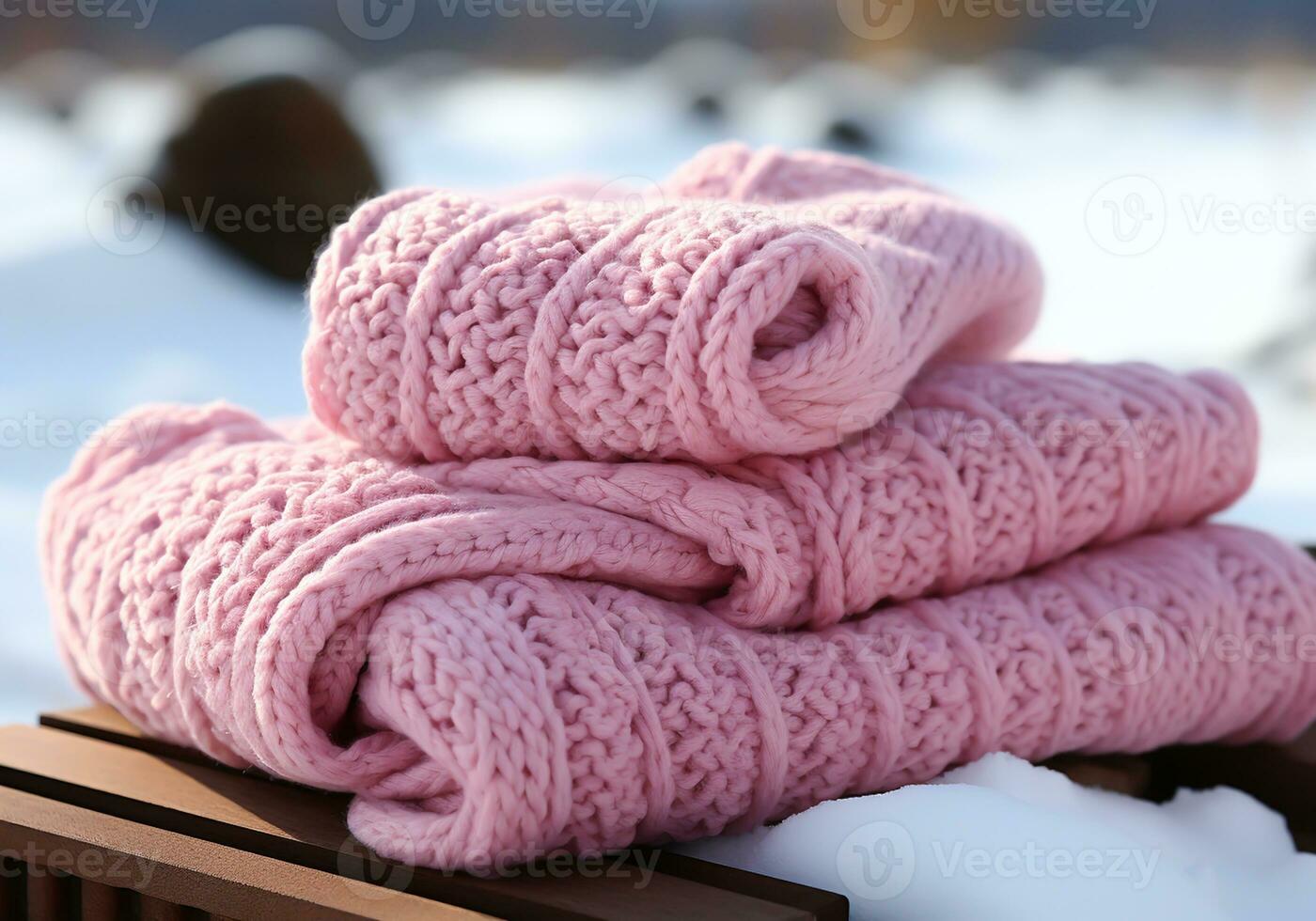 AI generated Warm pink wool scarf in the snow. Winter time. photo