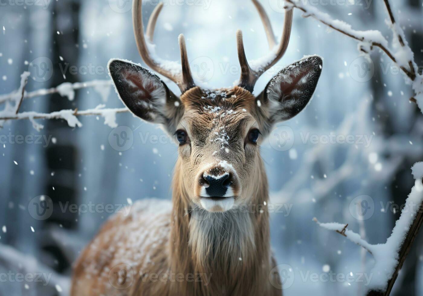 AI generated Deer in the snowy forest looking at us. photo