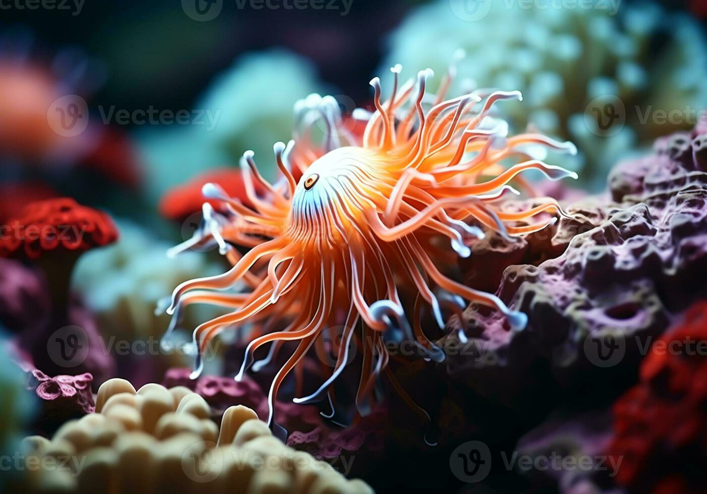 AI generated Colorful anemones in the ocean. Underwater life. photo