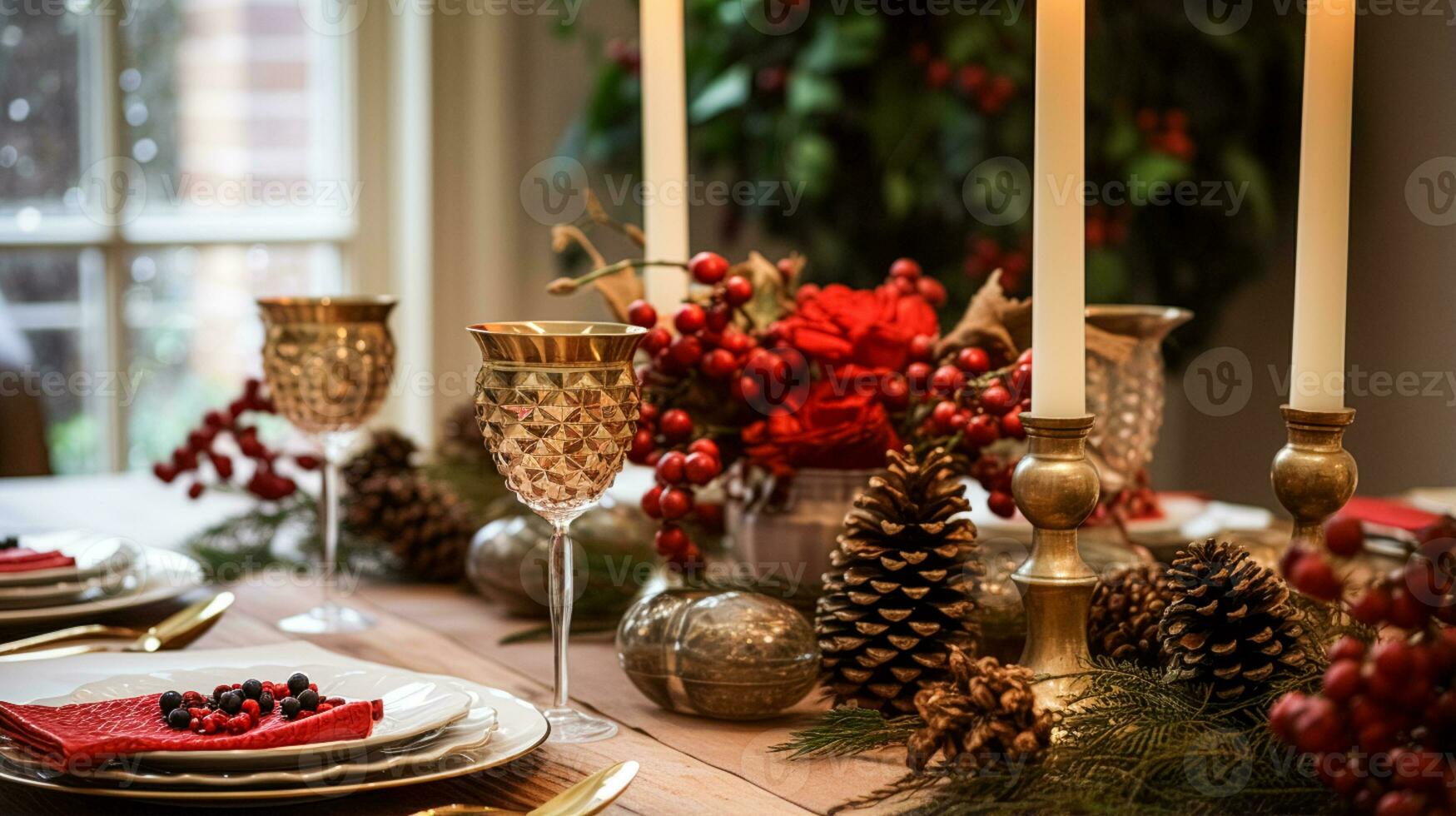 AI generated Christmas table decor, holiday tablescape and dinner table setting, formal event decoration for New Year, family celebration, English country and home styling photo