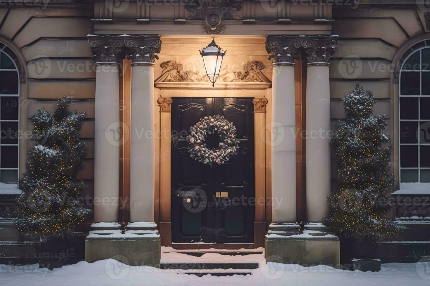 AI generated Christmas holiday, country cottage and snowing winter, wreath decoration on a door, Merry Christmas and Happy Holidays wishes, generative ai photo