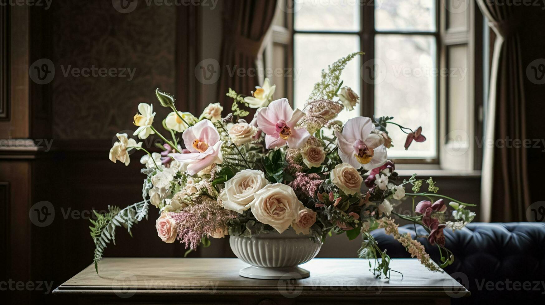 AI generated Floral arrangement with winter, autumn or early spring botanical plants and flowers photo