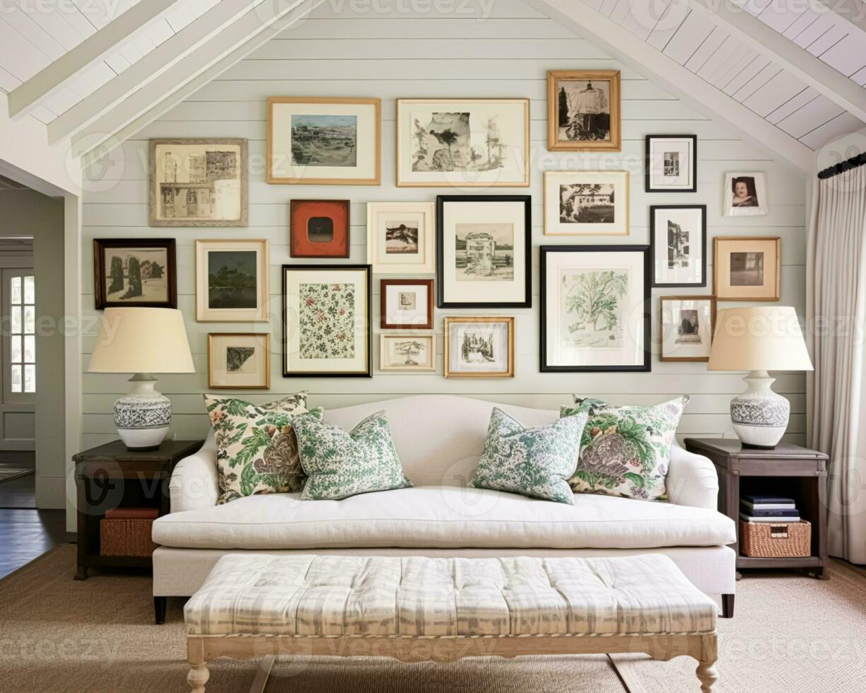 AI generated Living room gallery wall, home decor and wall art, framed art in the English country cottage interior, room for diy printable artwork mockup and print shop photo