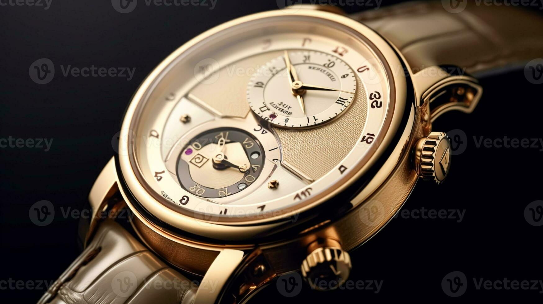 AI generated Luxury mens watch commercial concept, bespoke gold design on dark background, generative ai photo