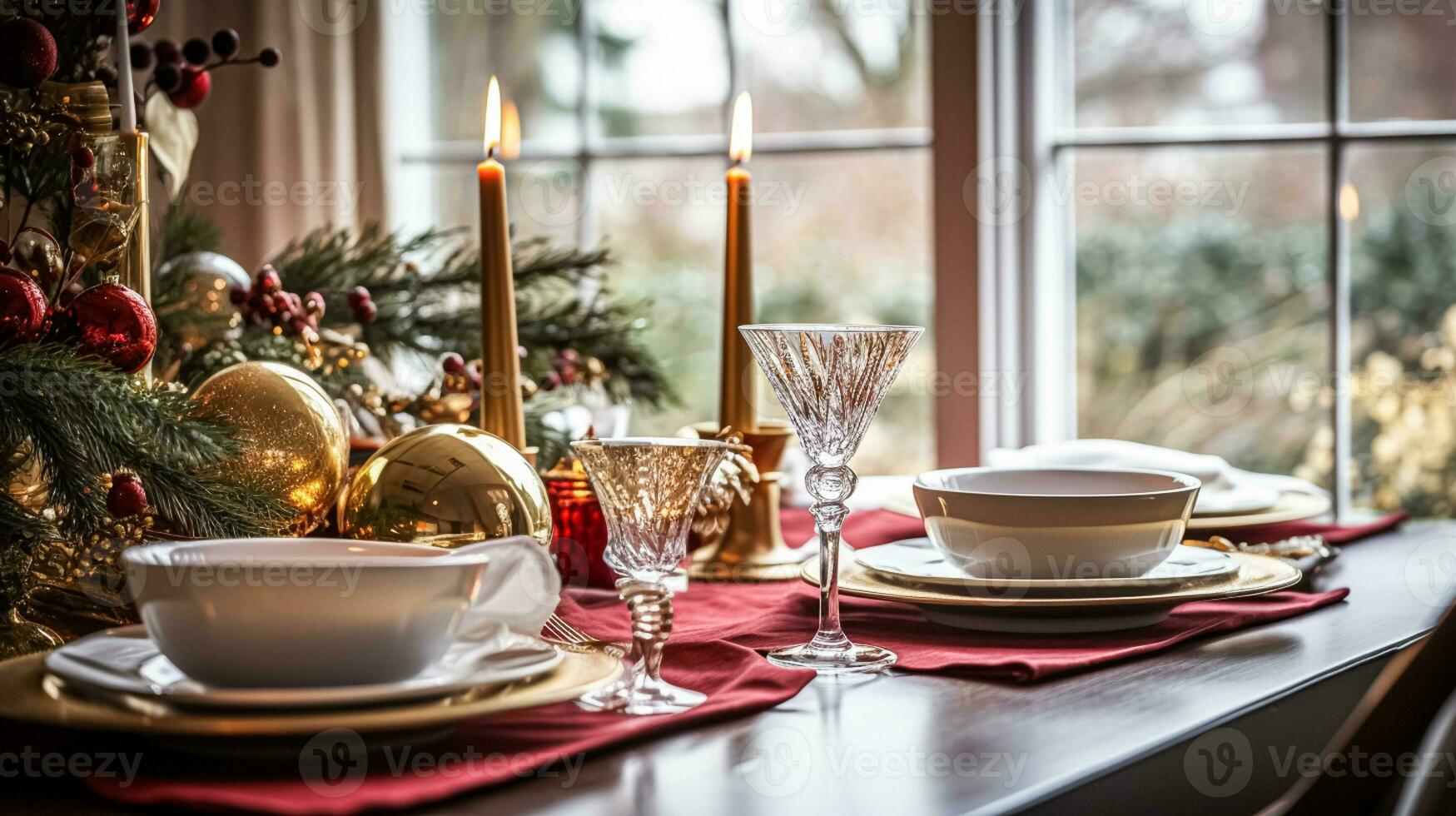 ai generado Navidad fiesta familia desayuno, mesa ajuste decoración y festivo paisaje de mesa, Inglés país y hogar peinado foto