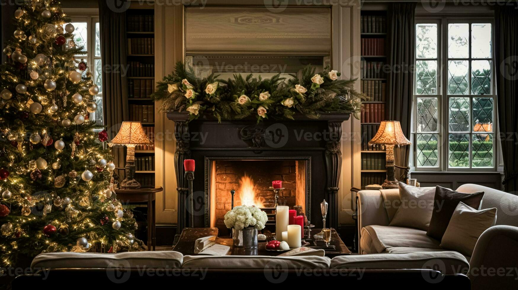 AI generated Christmas at the manor, English countryside decoration and interior decor photo