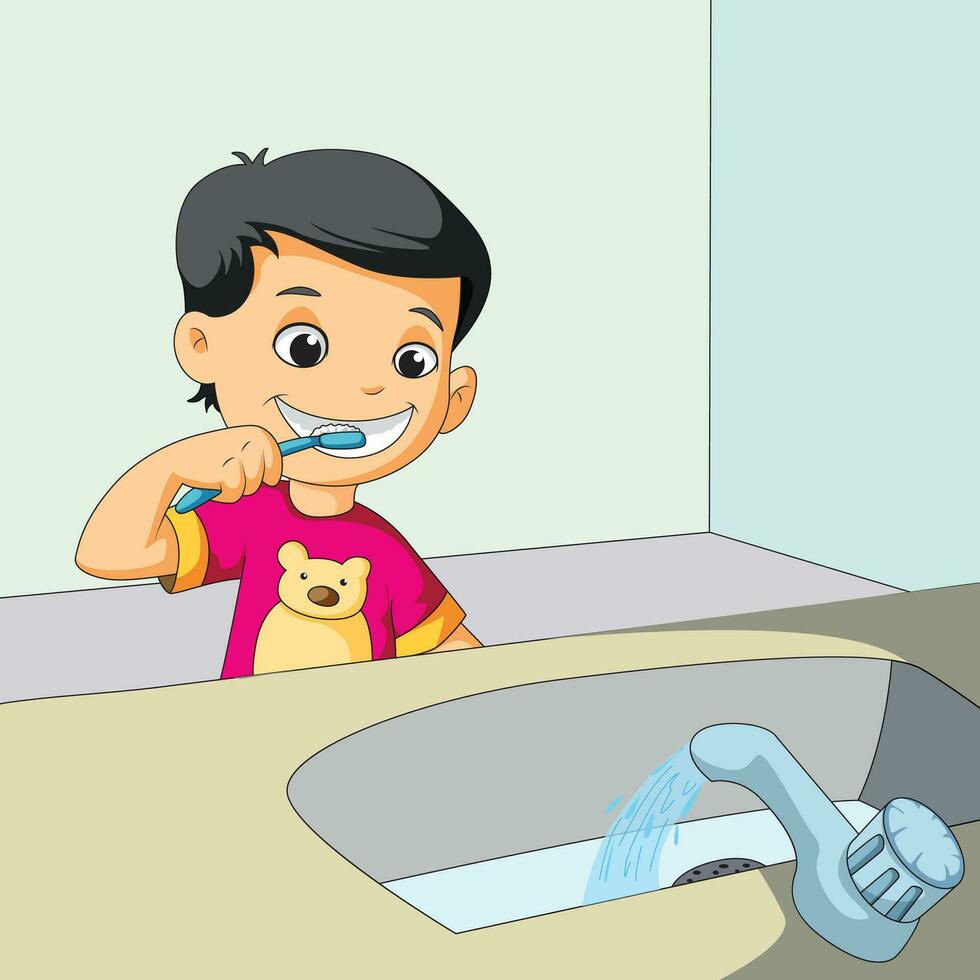 Boy Brushing Teeth Vector Illustration