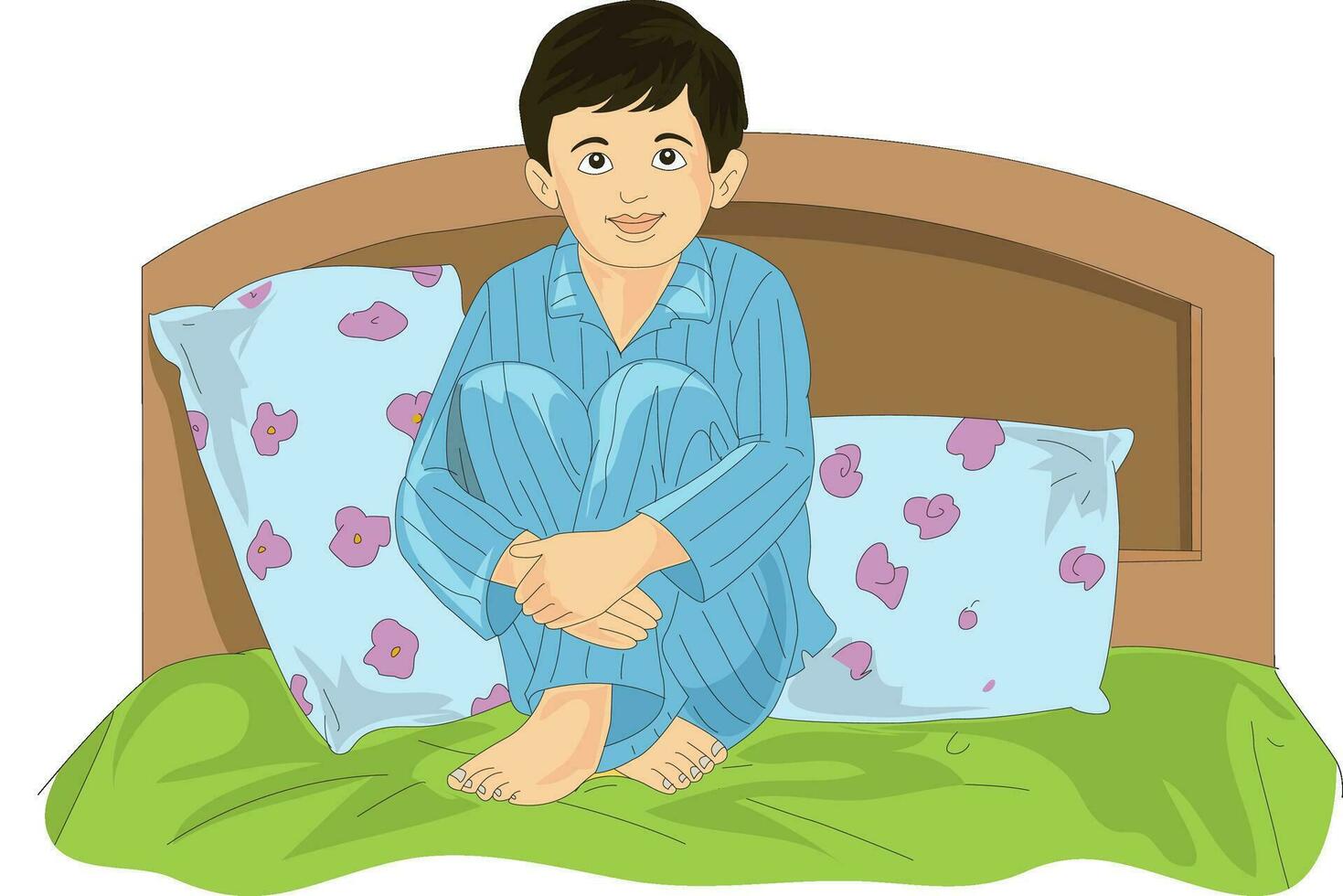 Cute boy wearing a night suit and sitting on bed vector