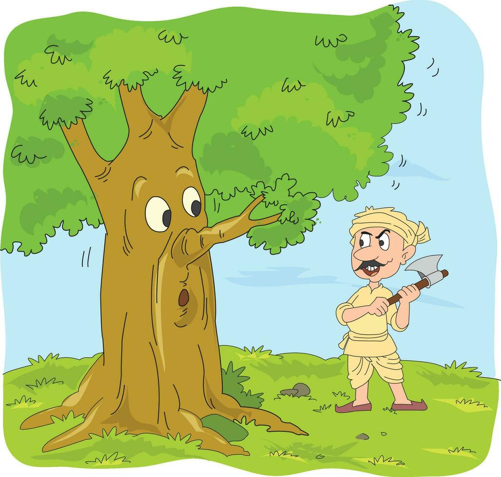 Man trying to cut a tree with an axe while looking fiercely at the tree vector