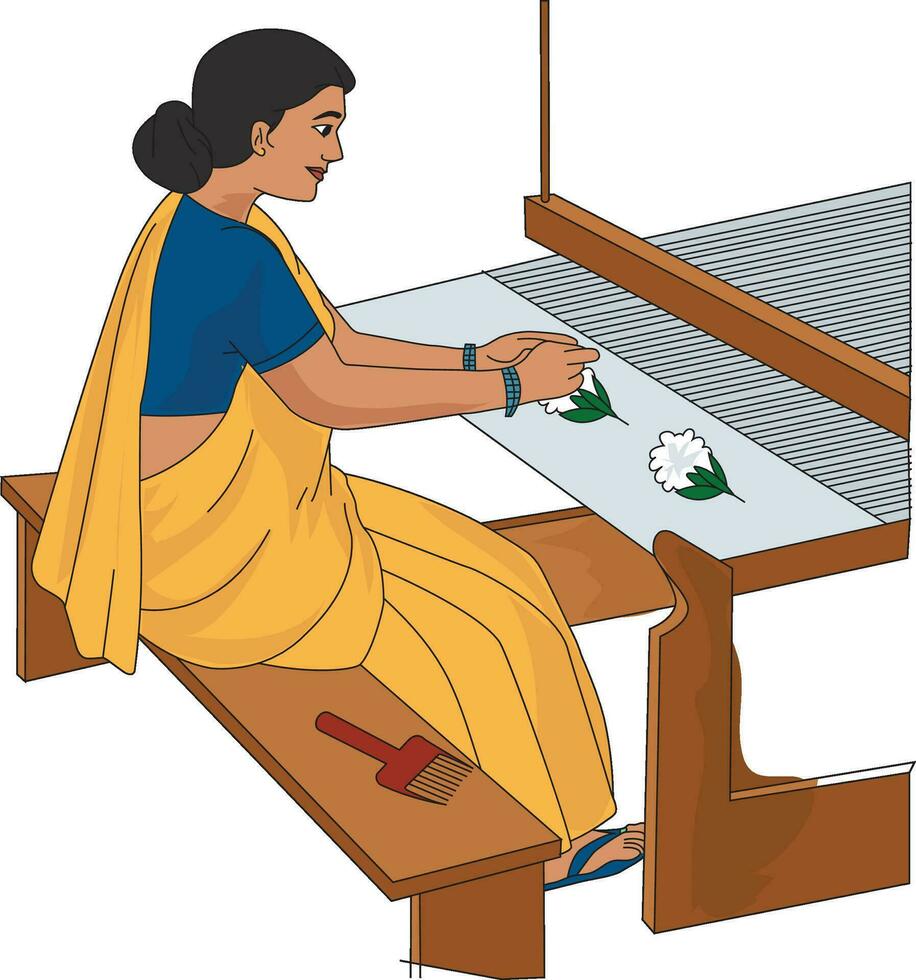 Woman doing embroidery on cloth fabric vector