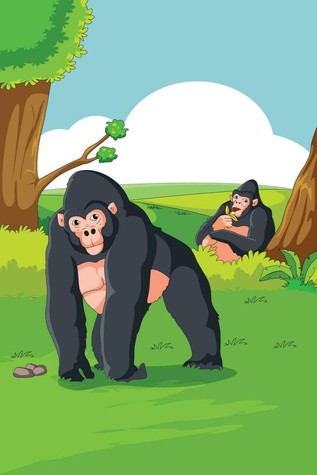 chimpancé comiendo plátano y itinerancia vector ilustración