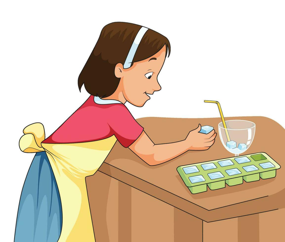 Cute girl smiling and putting ice cubes from the ice tray to the glass vector