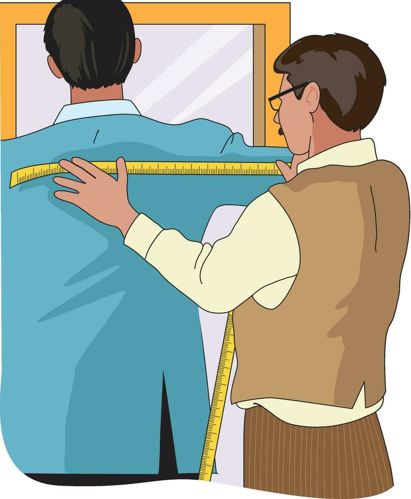 A tailor taking body measurements of a man using an inchtape vector