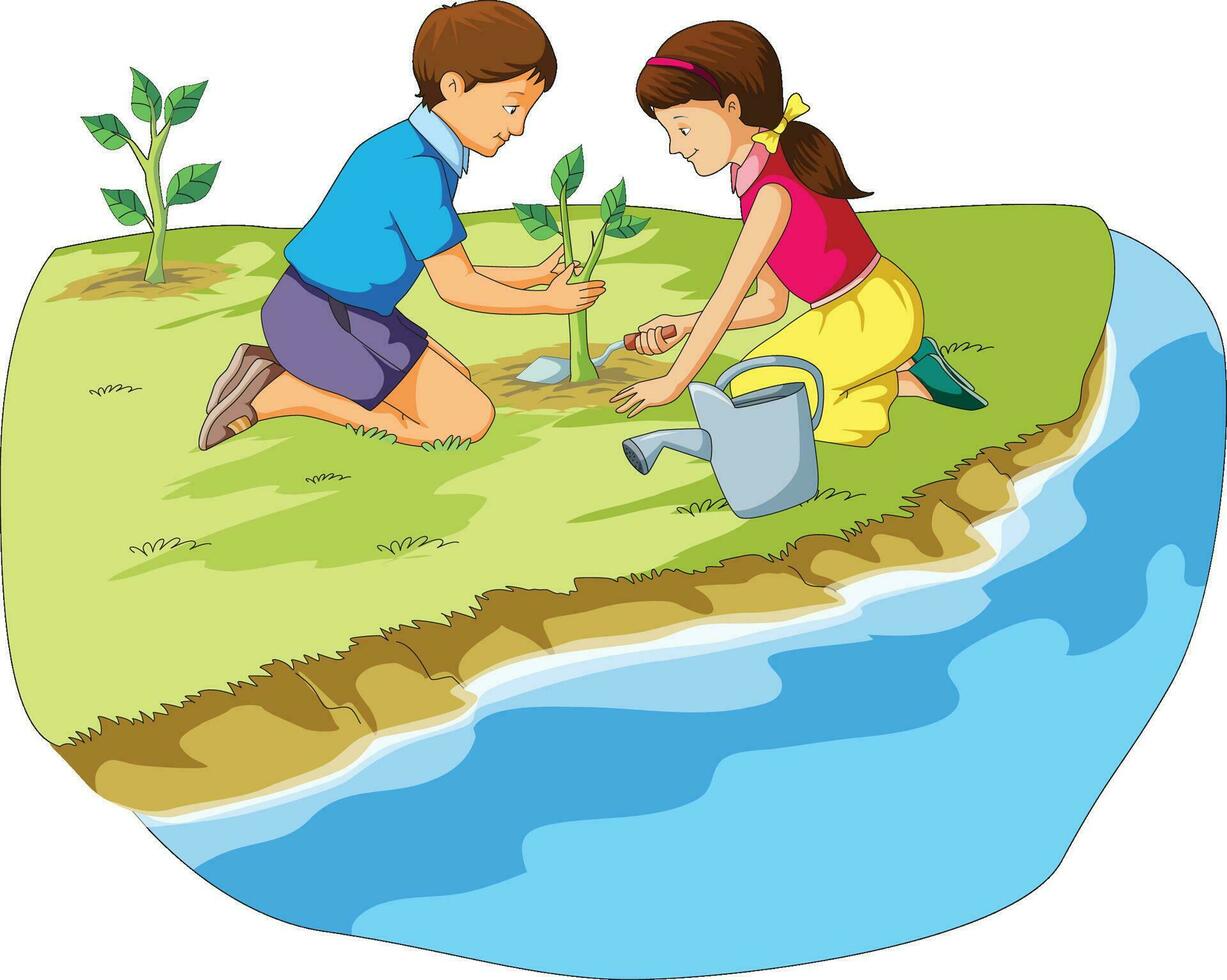 Girl and Boy Planting Tree Graphic Vector Illustration