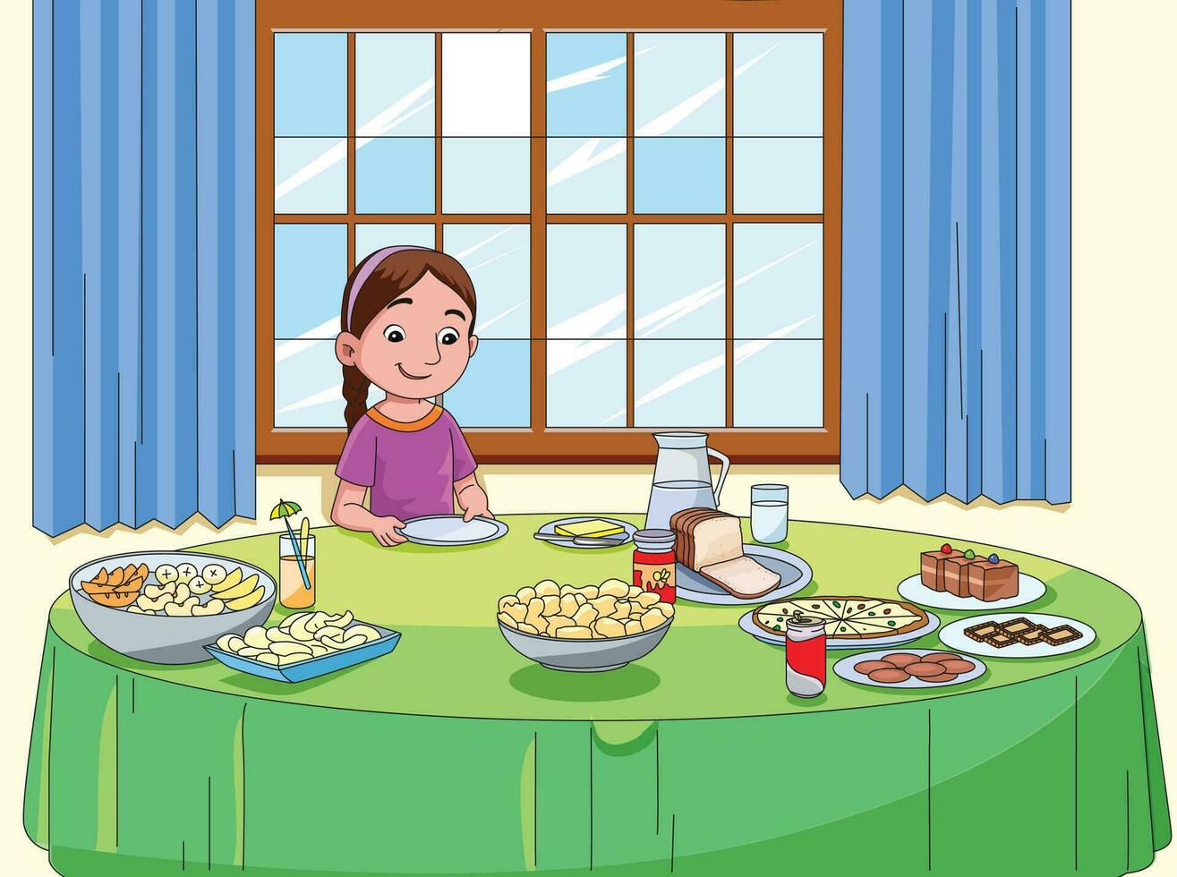 Girl having dinner vector illustration