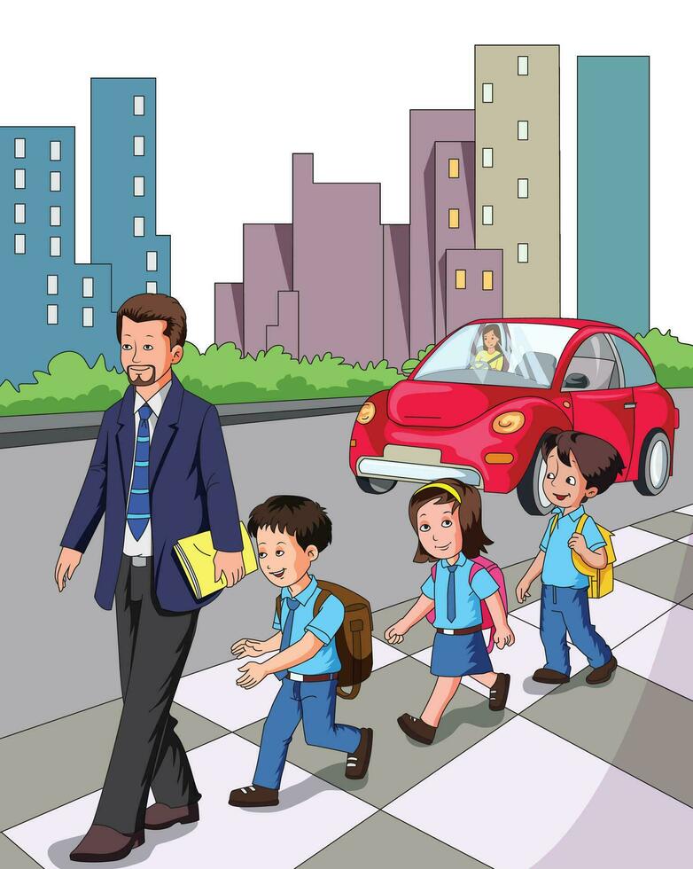 Children walking with teacher vector illustration