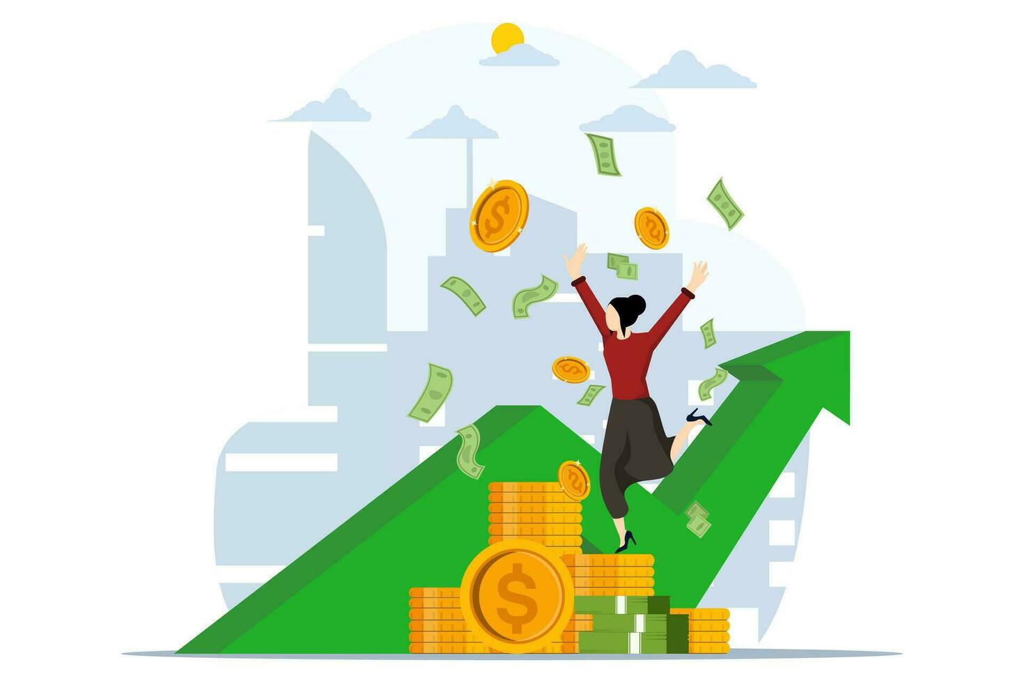 economic growth concept. successful businesswoman happy and jumping into piles of money. profit, growth. Concept of business success, leadership, innovation. the arrow is getting bigger. vector