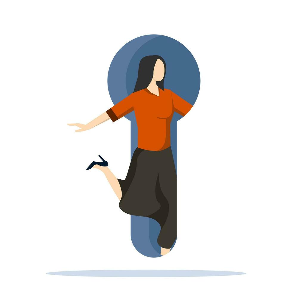 concept of future business opportunities and challenges. Entrance and exit. Happy businesswoman running to keyhole door in big wall, new opportunities. Flat vector illustration on white background.