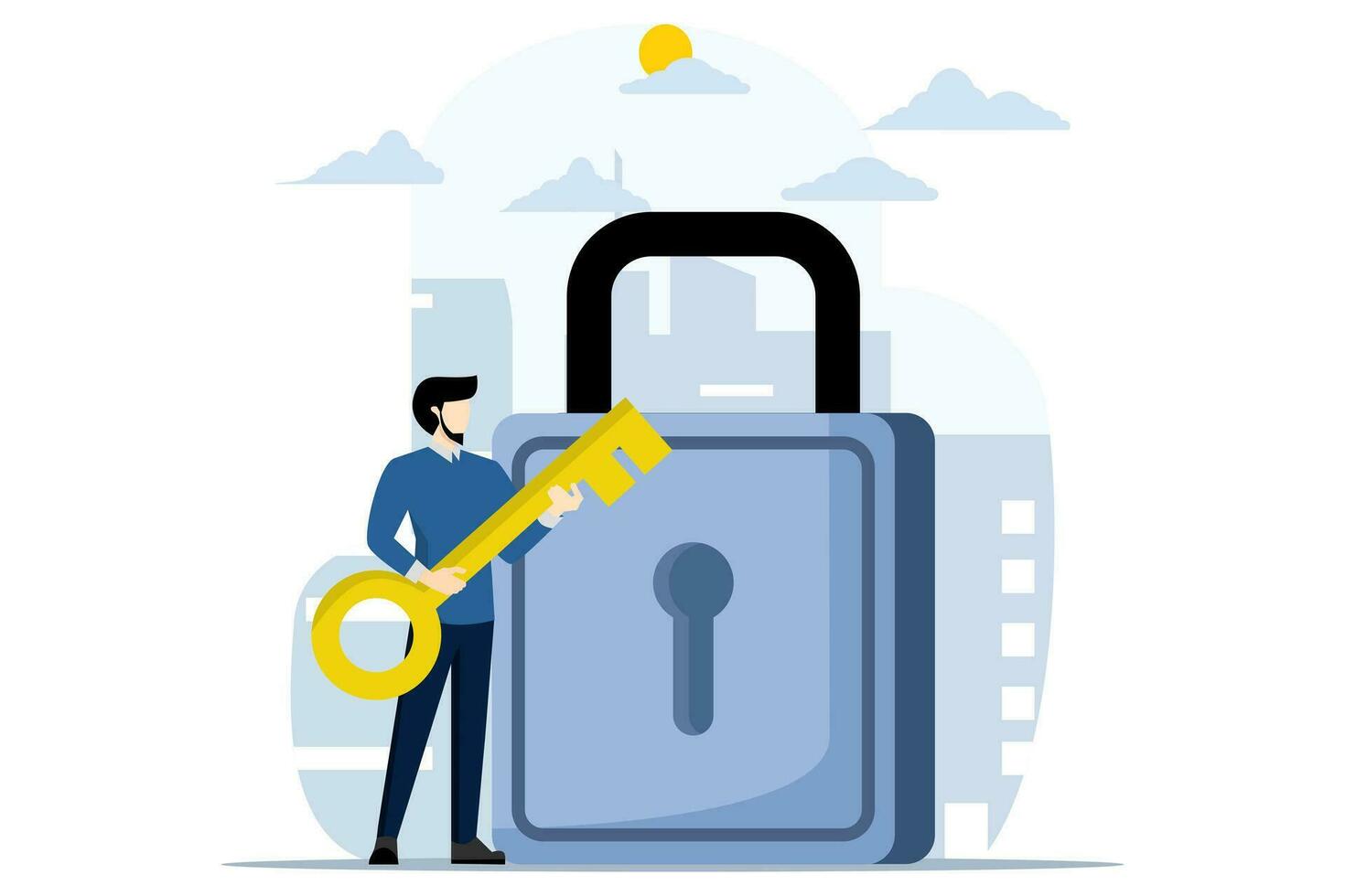 businessman holding key to open pad lock. professionals to provide solutions, Key to unlock, solve business problems, key to business success or unlock business accessibility concept. vector