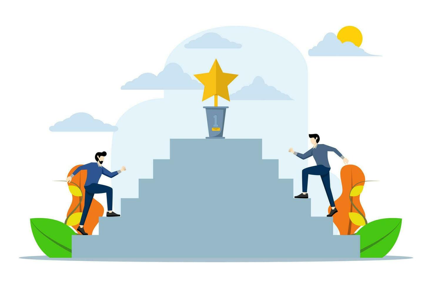 Business people compete for business trophies. Businessman is climbing the career ladder. Overcome difficulties and achieve goals. Businessman climbing the ladder to reach the target. Awards ceremony. vector