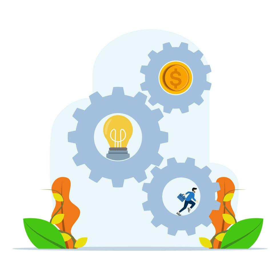 Concept of Effort and time to make money, businessman trying to generate ideas to make money, successful long term investment, entrepreneur. flat vector illustration on white background.