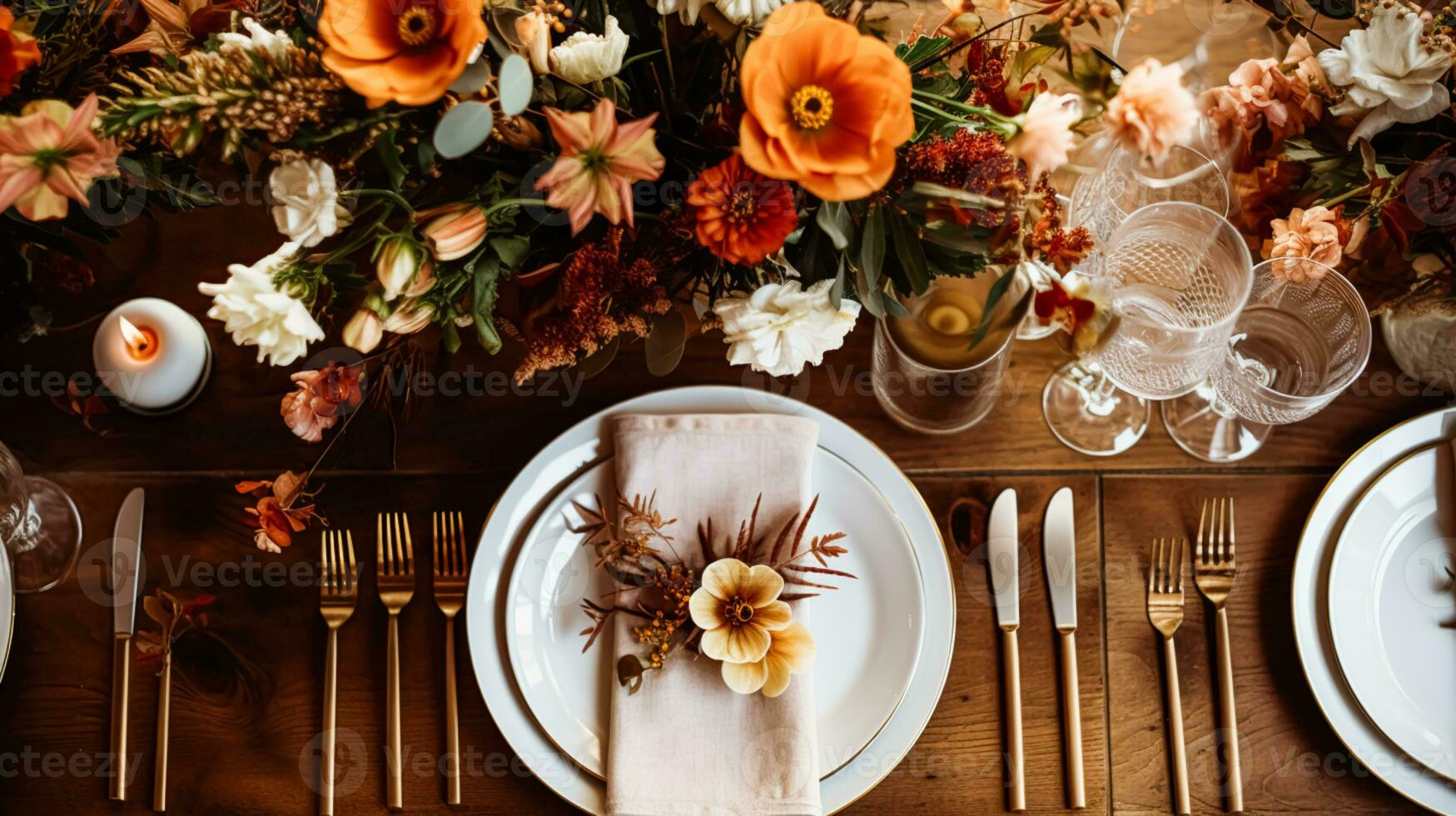 AI generated Autumn holiday tablescape, formal dinner table setting, table scape with elegant autumnal floral decor for wedding party and event decoration photo